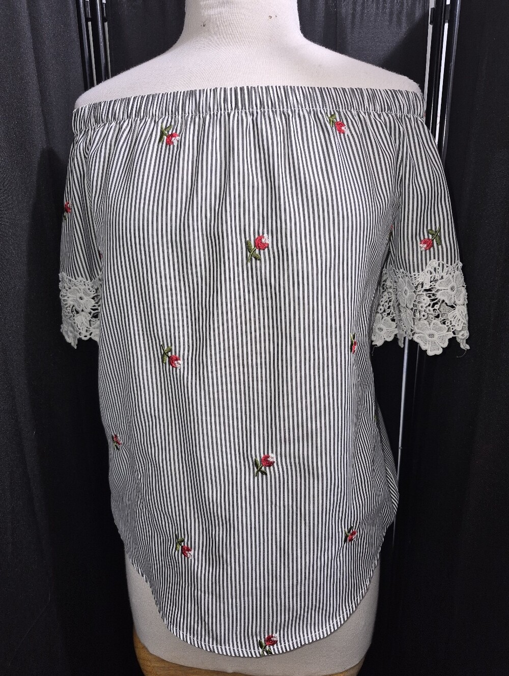 Striped Off-Shoulder Blouse with Floral Embroidery - White/Black